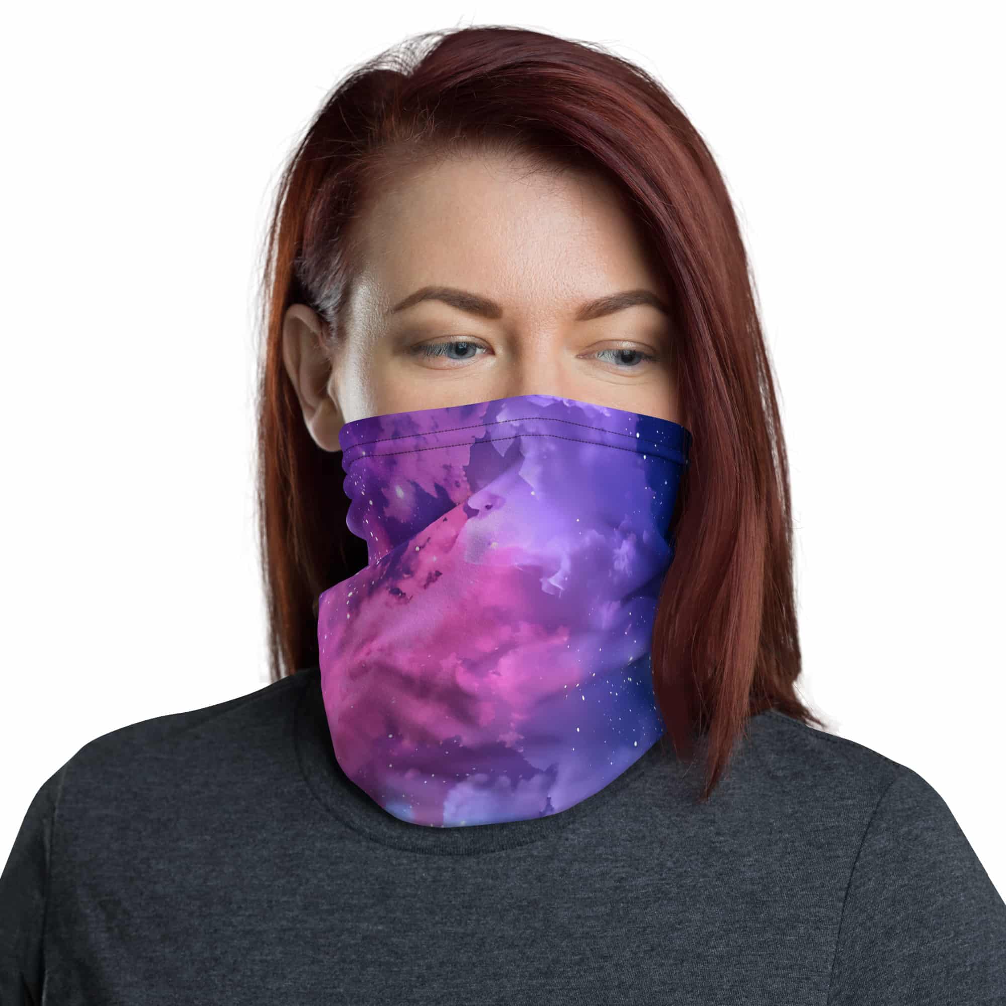 all-over-print-neck-gaiter-white-front-66f2edefb1674.jpg Colorful Galaxy Neck Gaiter - Face Mask, Headband, Bandana - Image 1