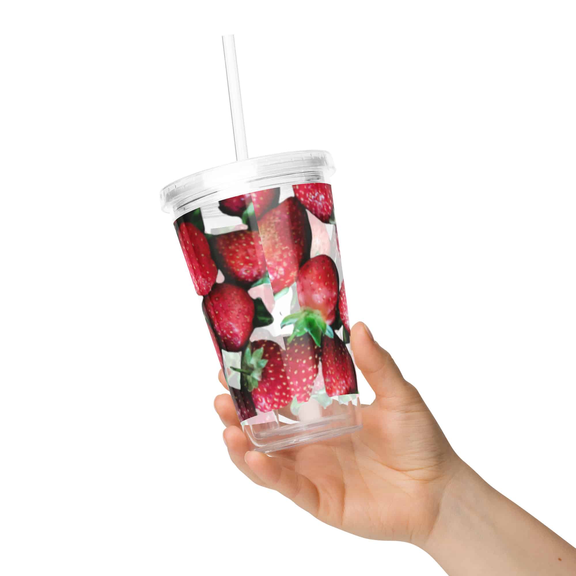 double-wall-clear-plastic-tumbler-16-oz-16-oz-back-66daab60aed6e.jpg Strawberry Print Clear Tumbler - Reusable & BPA-Free - Image 1
