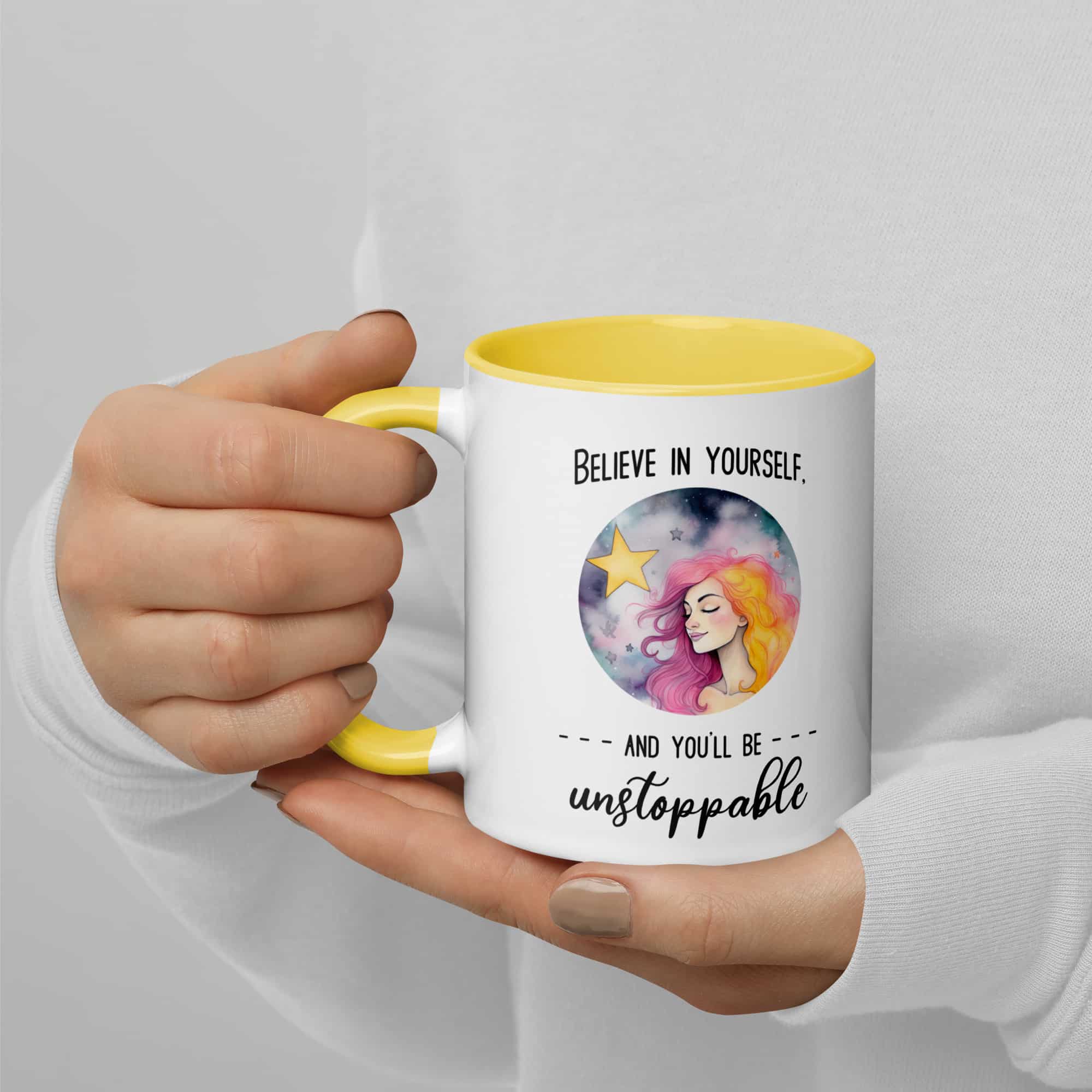 white-ceramic-mug-with-color-inside-yellow-11-oz-left-66f7d32113418.jpg Mug with Color Inside - Believe in Yourself - Image 1