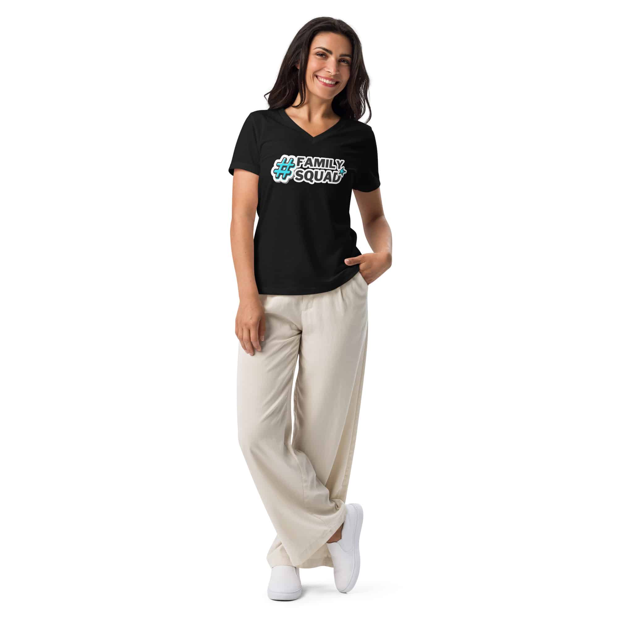 womens-relaxed-v-neck-t-shirt-solid-black-blend-front-66e06283603df.jpg Women's Family Squad V-Neck T-Shirt - Casual & Comfortable - Image 1