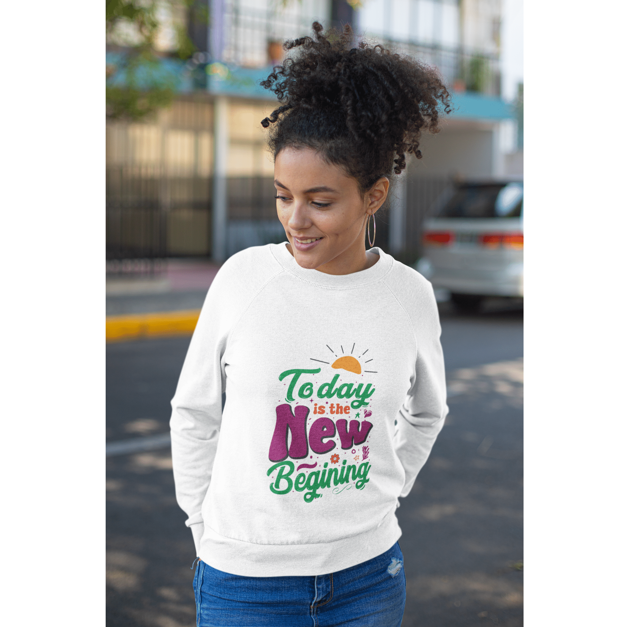 Today Is The New Begining Unisex natural organic cotton sweatshirt, 'Today Is The New Beginning' sun graphic, regular fit, eco-friendly style