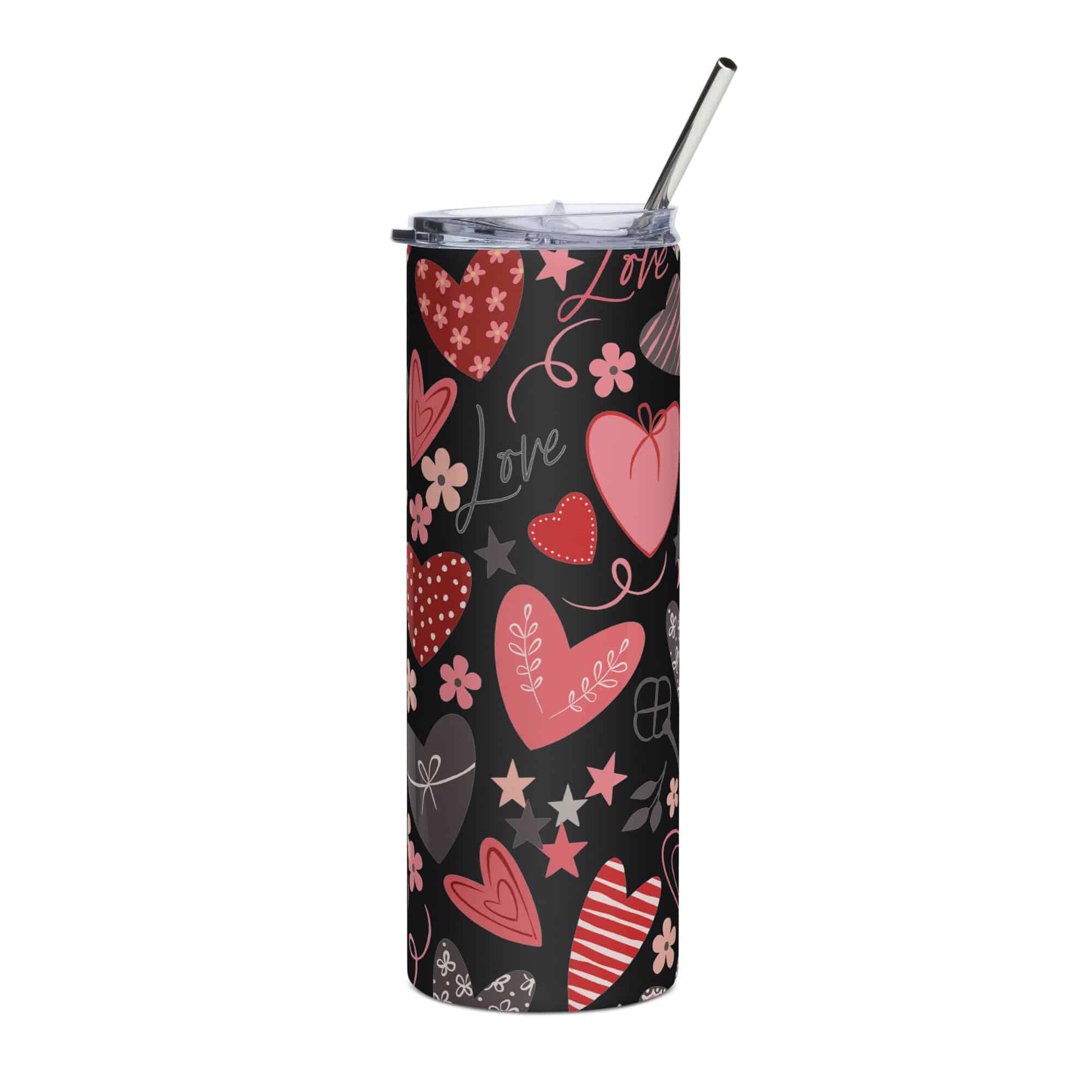 stainless-steel-tumbler-black-front-67619fa1baa52.jpg Stainless steel tumbler - Valentine's Day Wrap Hearts - Image 1