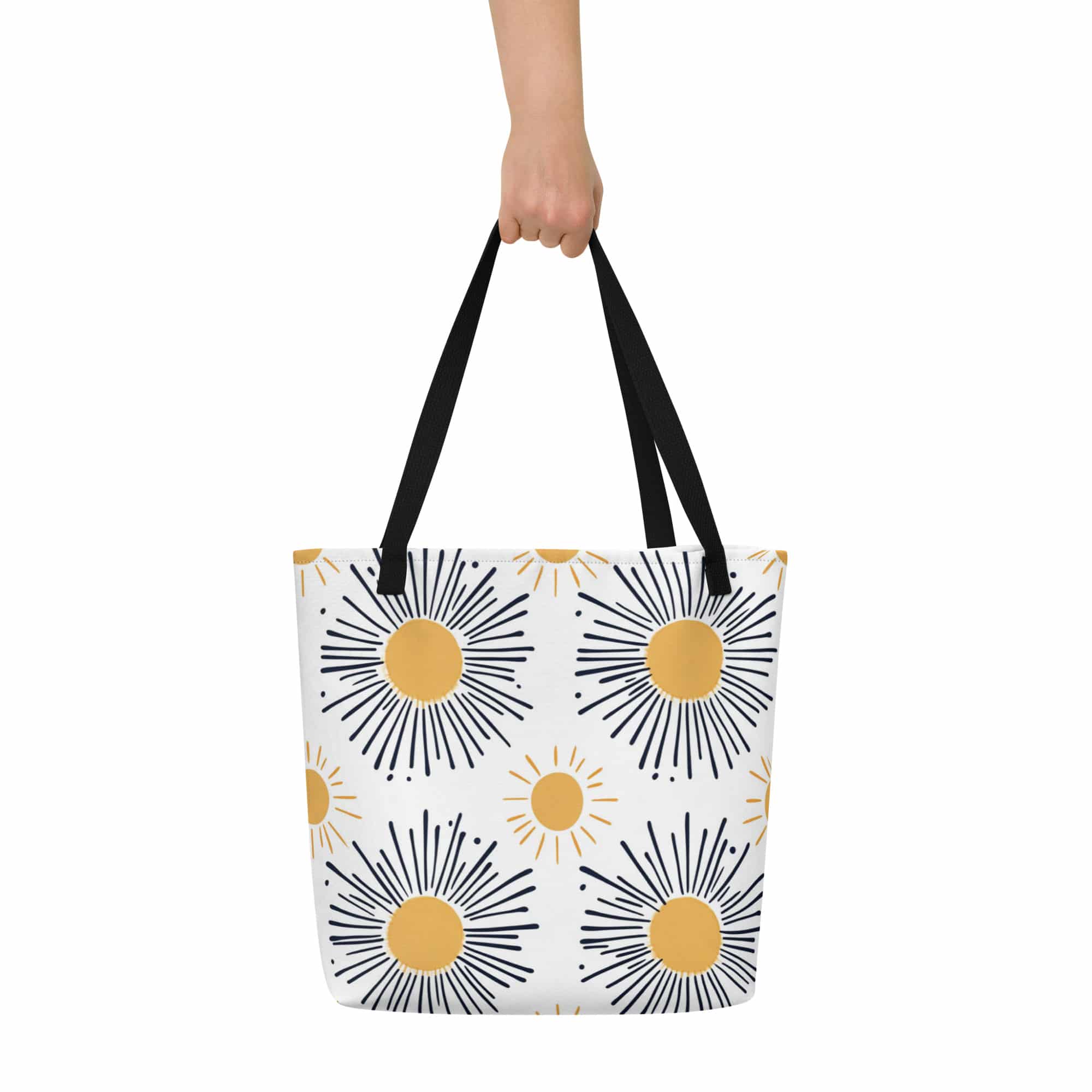 all-over-print-large-tote-bag-w-pocket-black-front-679bd3208d38e.jpg All-Over Print Large Tote Bag with Sunburst Rays Pattern, vibrant hues, durable polyester, spacious design for beach and everyday