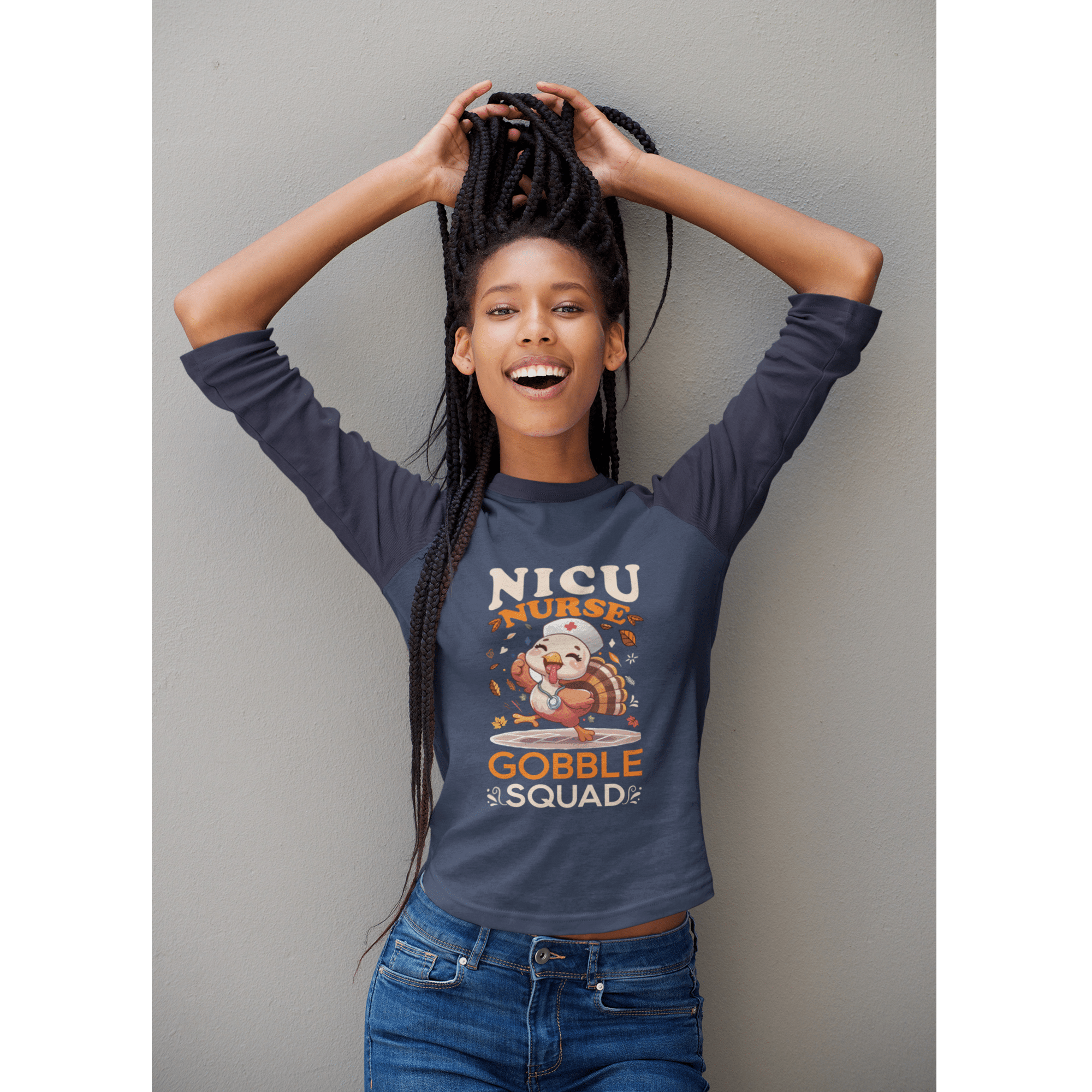 Nicu Nurse Gobble Squad 3/4 sleeve raglan shirt NICU nurse turkey design soft cotton blend heather grey