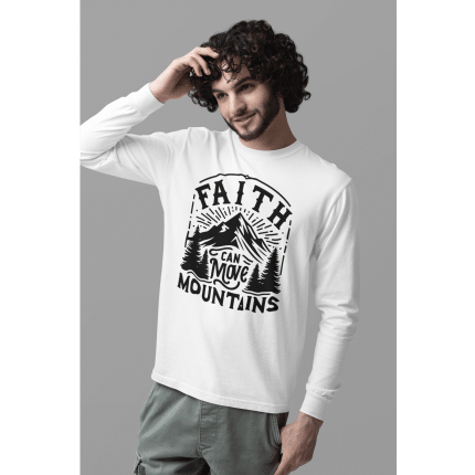 Unisex long sleeve tee "Faith Can Move Mountains" in soft cotton, crew neck, ribbed cuffs, lightweight