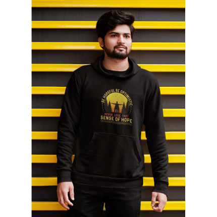 Unisex eco raglan hoodie in charcoal melange with 'Be Hopeful Be Optimistic' print, organic cotton, brushed lining, regular fit