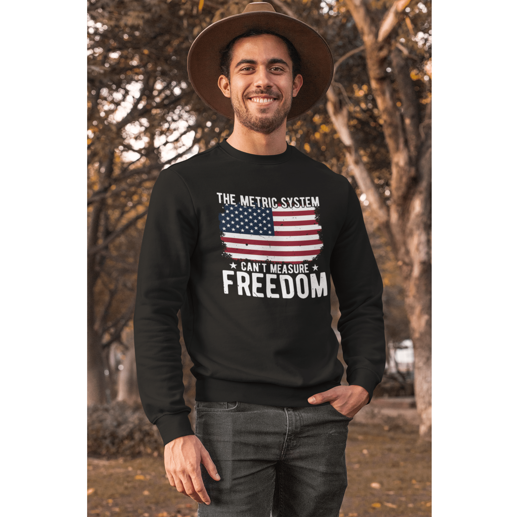 The Metric System Can't Measure Freedom Unisex organic raglan sweatshirt in charcoal melange, brushed fleece lining, "The Metric System Can't Measure Freedom"
