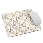 White Gold Art Mouse Pad with art deco geometric pattern, soft polyester surface, non-slip rubber base. Compact tech accessory.