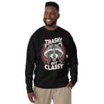Unisex premium sweatshirt, trashy but classy, raccoon graphic, bold typography, charcoal heather, crew neck, cozy fleece, streetwear style
