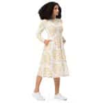 All-over print Victorian flower damask seamless pattern long sleeve midi dress with boat neck and pockets