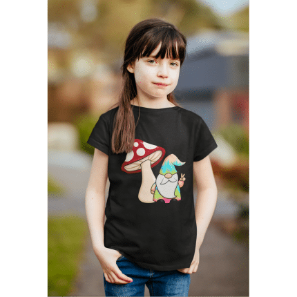 Youth t-shirt with whimsical gnome and toadstool design, playful kids' tee in magical forest style