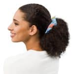 Recycled polyester scrunchie with removable bow, vibrant summer pattern, eco-friendly hair accessory