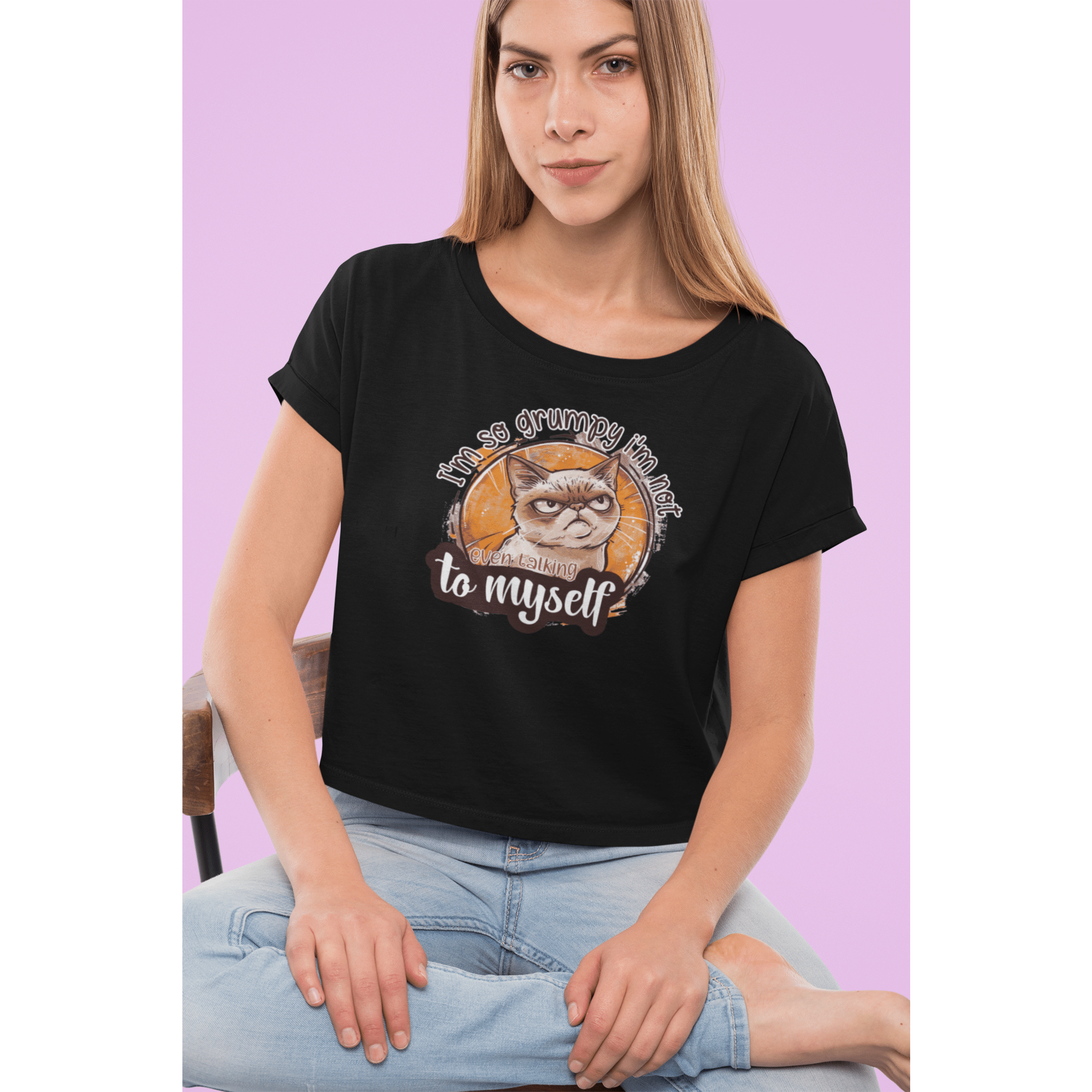 I'm so Grumpy I'm Not Even Talking To Myself Women's crop top with "I'm So Grumpy" text, 100% combed cotton, relaxed fit, ribbed crew neck, spring/summer style, playful grumpy mood.