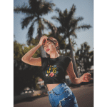 Women's cropped cotton crop top with beach graphic, relaxed fit, ribbed crew neck, dropped shoulders, for summer style.