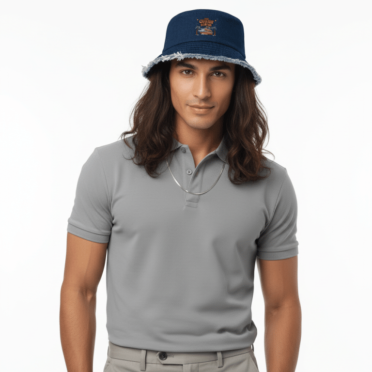 Distressed denim bucket hat in classic blue with frayed brim, 100% cotton bucket hat for streetwear style.