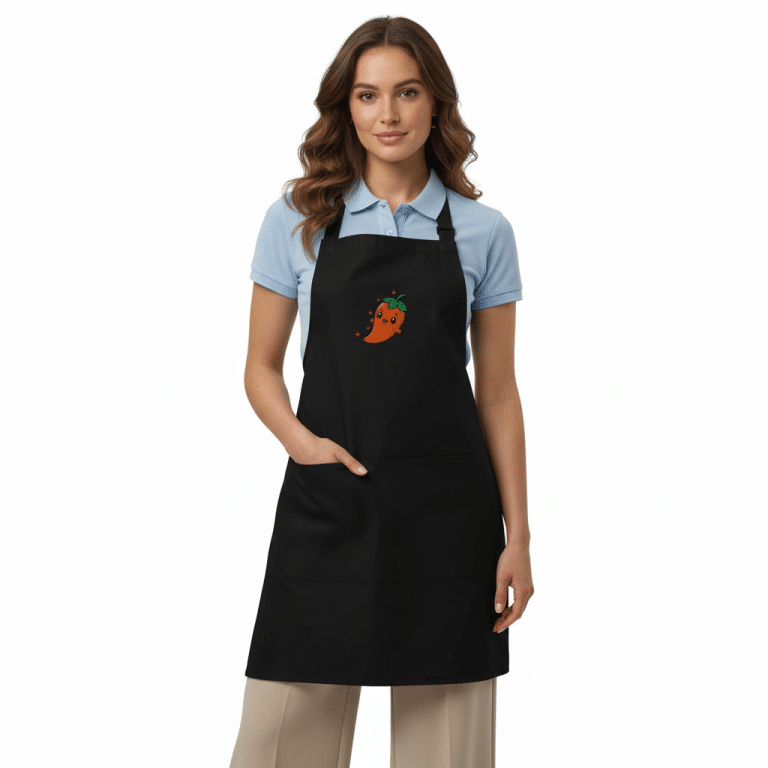 Embroidered Spicy Book Club apron with two front pockets, adjustable neck loop, premium polyester-cotton blend for kitchen cooking.