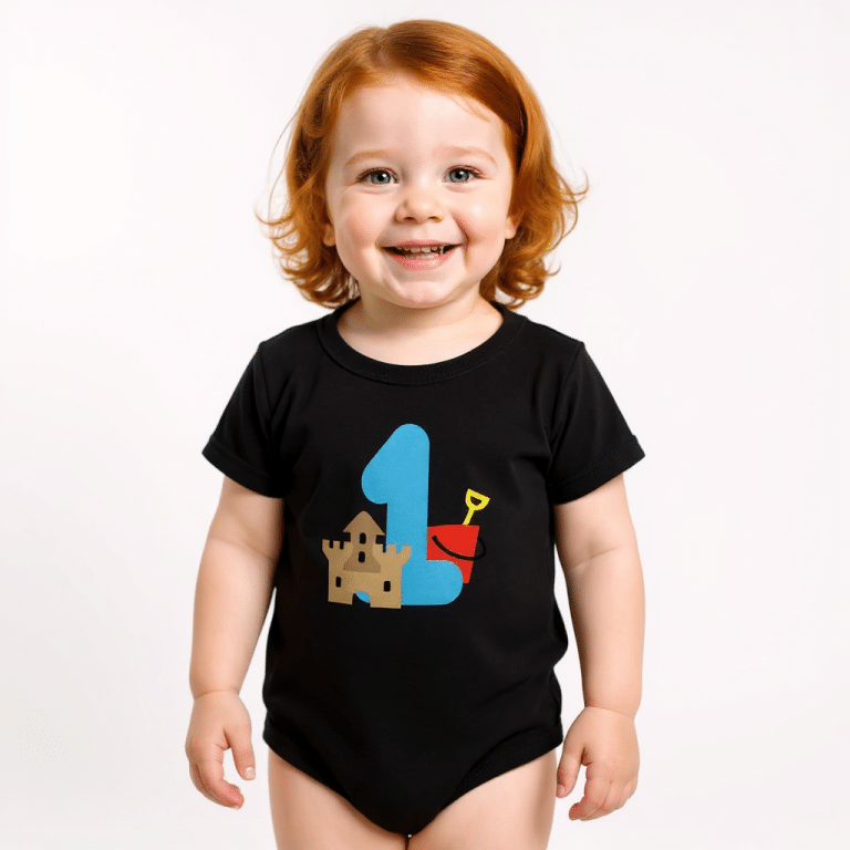 Soft cotton infant bodysuit with First Summer Sand Castle graphic, lap shoulders, and 3-snap closure for easy dressing.