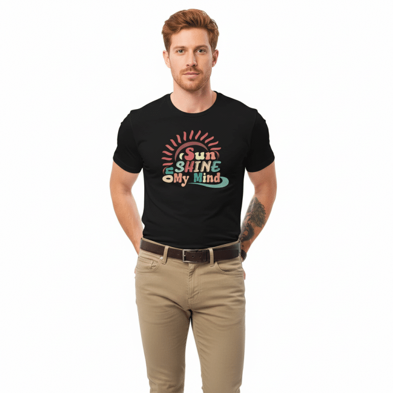 Men's premium cotton t-shirt with sunny retro print, 100% cotton crew neck, regular fit, vibrant colors.