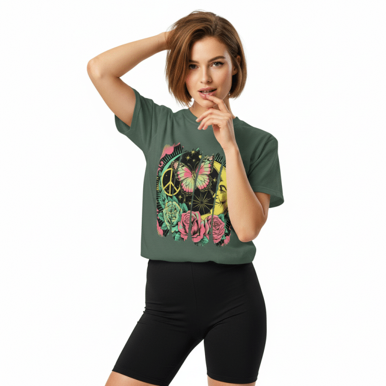 Unisex garment-dyed heavyweight t-shirt with retro bushstroke design, 100% ring-spun cotton, relaxed fit, vintage style.