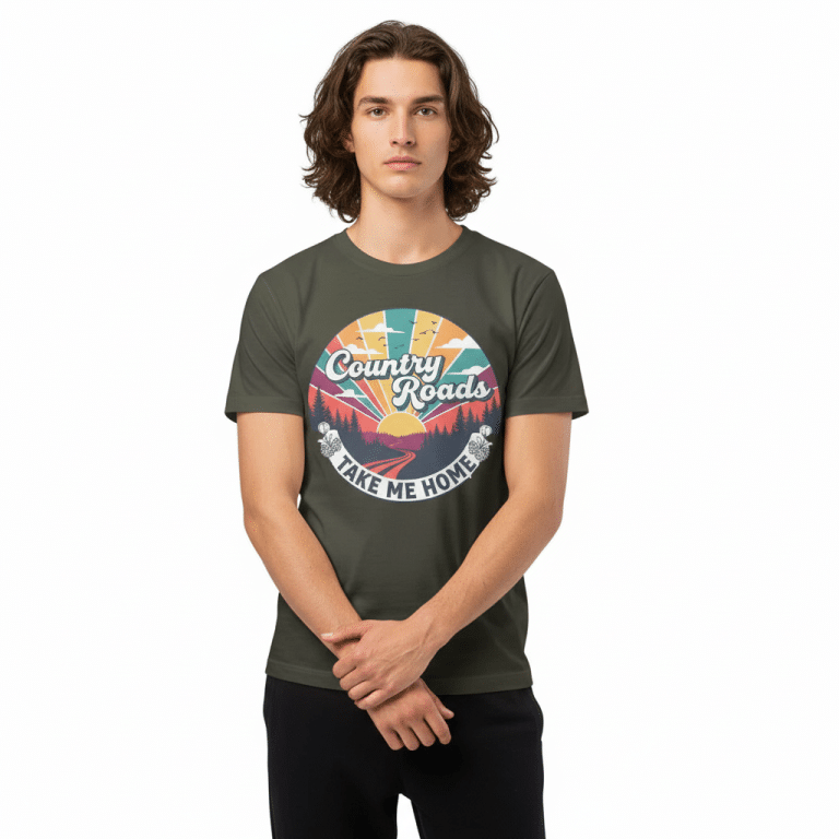 Unisex oversized heavyweight cotton t-shirt with vintage 'Country Roads Take Me Home' graphic, relaxed fit, soft 100% ring-spun cotton.
