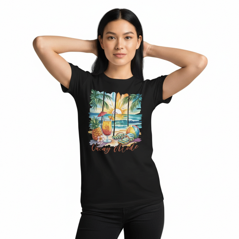 Unisex premium cotton tee with 'Vacay Mode' tropical graphic, crew neck, relaxed fit, marles blend, side-seamed, pre-shrunk.