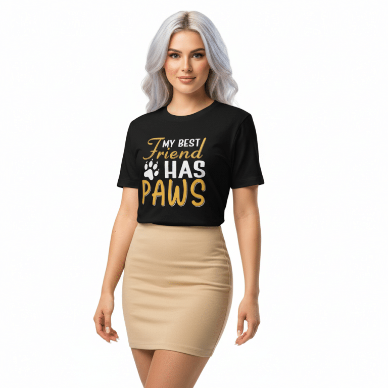 Unisex cotton t-shirt with "My Best Friend Has Paws" slogan and paw prints, lightweight pre-shrunk fit, USA-made.