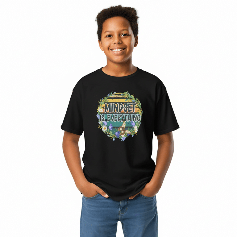 Youth classic tee in sport grey with "Mindset Is Everything" nature graphic, soft cotton, Gildan.