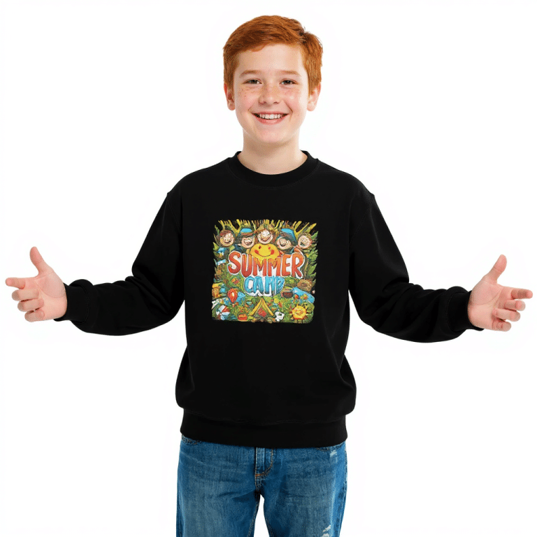 Black youth crewneck sweatshirt with summer camp graphic, soft fleece, regular fit, cozy and durable.