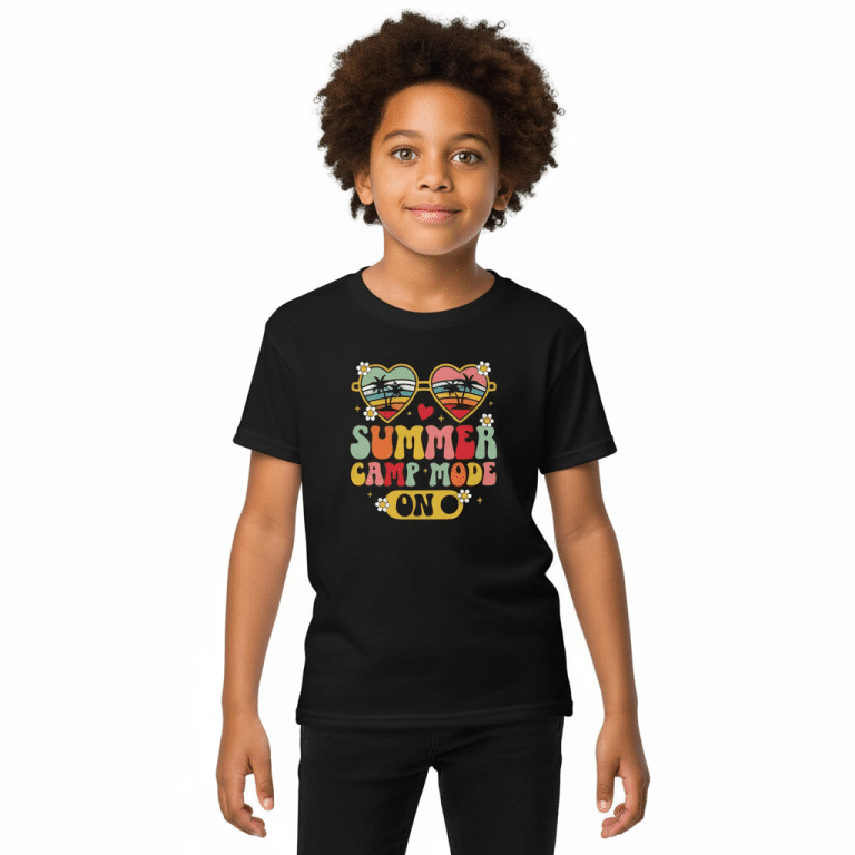 Youth T-shirt with heart sunglasses and sunset design, soft cotton-poly blend in summer camp style for kids.