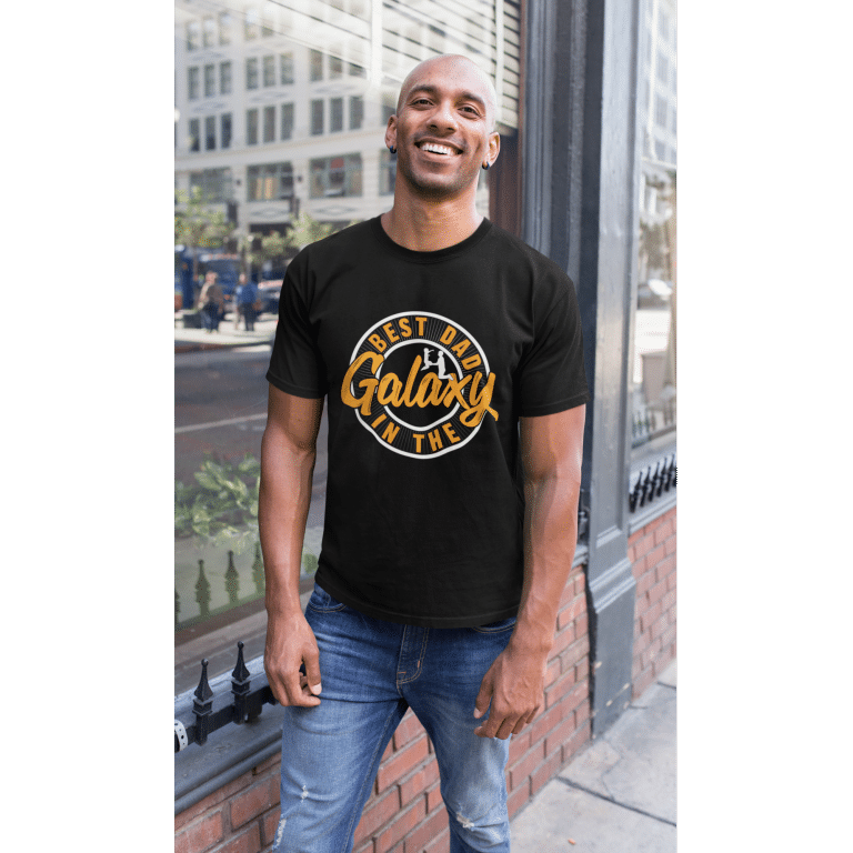 Best Dad in Galaxy DryBlend T-shirt, modern classic fit, moisture-wicking, ribbed collar, gray.