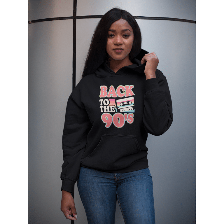 Unisex organic cotton raglan hoodie with 90s retro cassette graphic, charcoal blend, brushed lining, and adjustable drawstring hood.