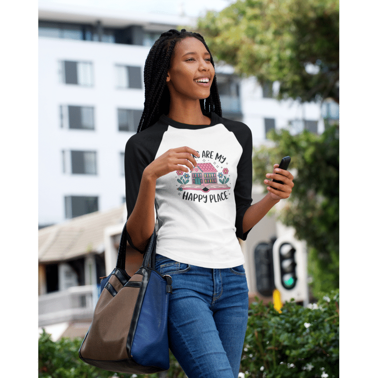 3/4 sleeve raglan shirt with 'Books Are My Happy Place' quote, contrast raglan sleeves, soft cotton blend