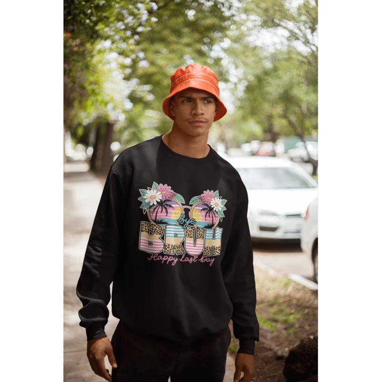 Stanley/Stella unisex organic cotton sweatshirt with 'Bye Bruh' graphic and tropical design, regular fit, set-in sleeves.