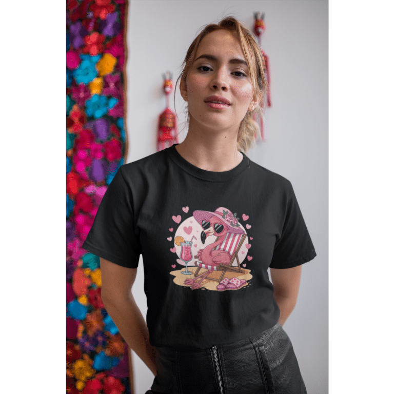 Women's high-waisted summer flamingo t-shirt, Cotton Heritage, longline crew neck, soft 100% cotton, casual style