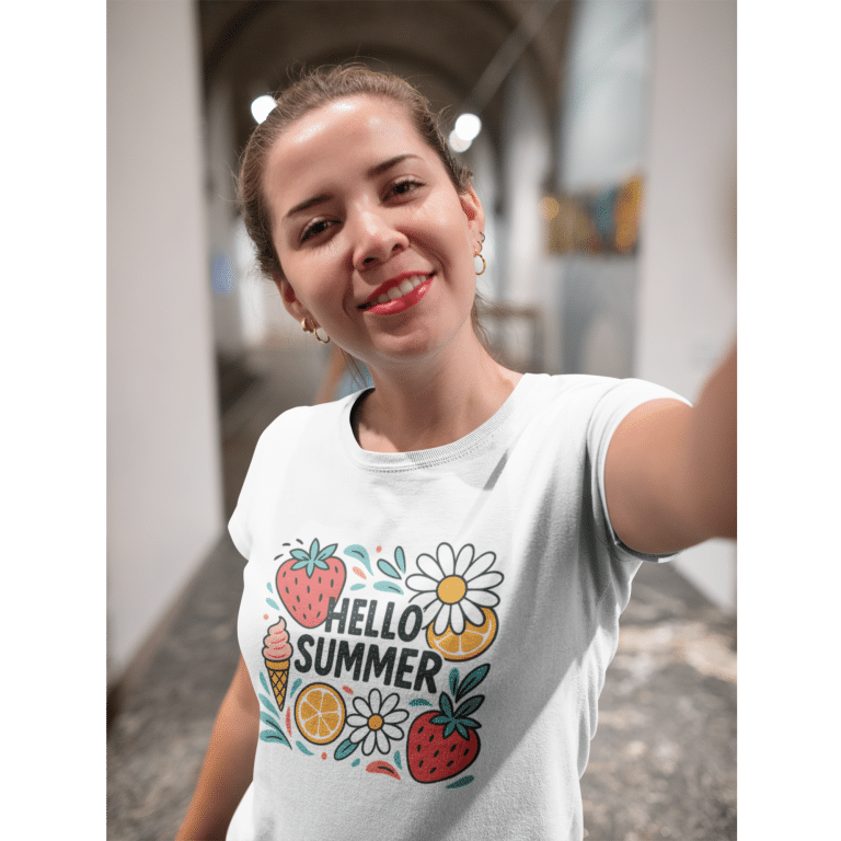 Unisex classic tee Hello Summer featuring strawberry, citrus, daisy graphic, 100% cotton, casual summer style