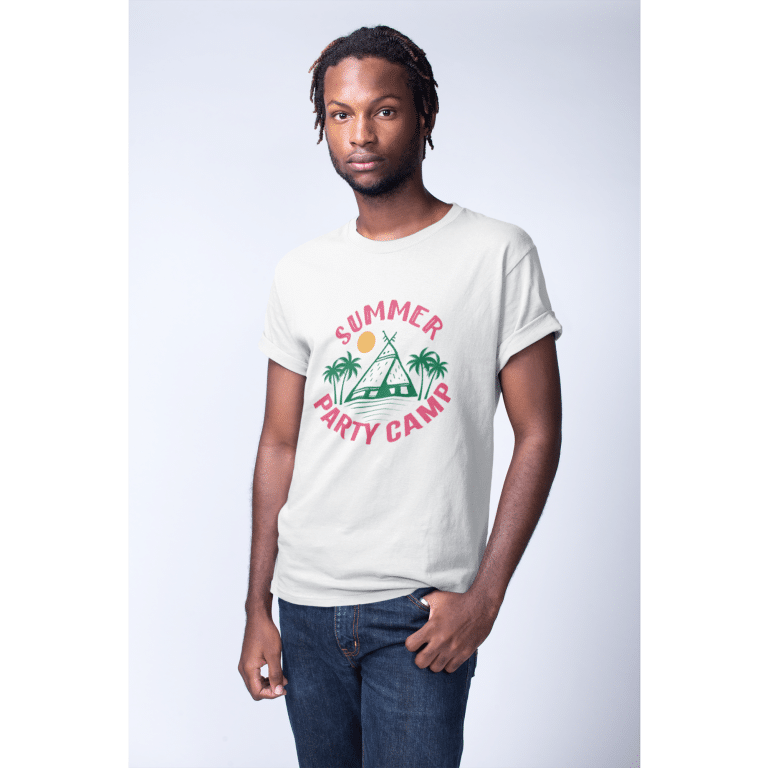 Summer Party Camp short sleeve tee, tri-blend fabric, vintage graphic, fitted, lightweight, breathable for summer adventures.