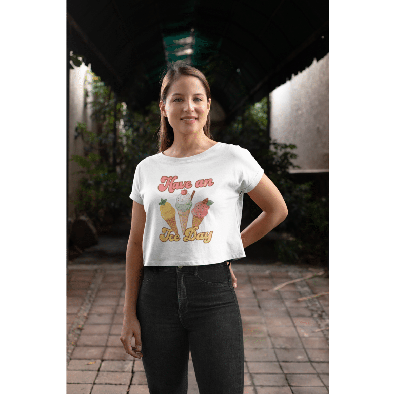 Women’s crop top - Have An Ice Day, colorful ice cream cone design, 100% combed cotton, relaxed fit, cropped length, summer style.