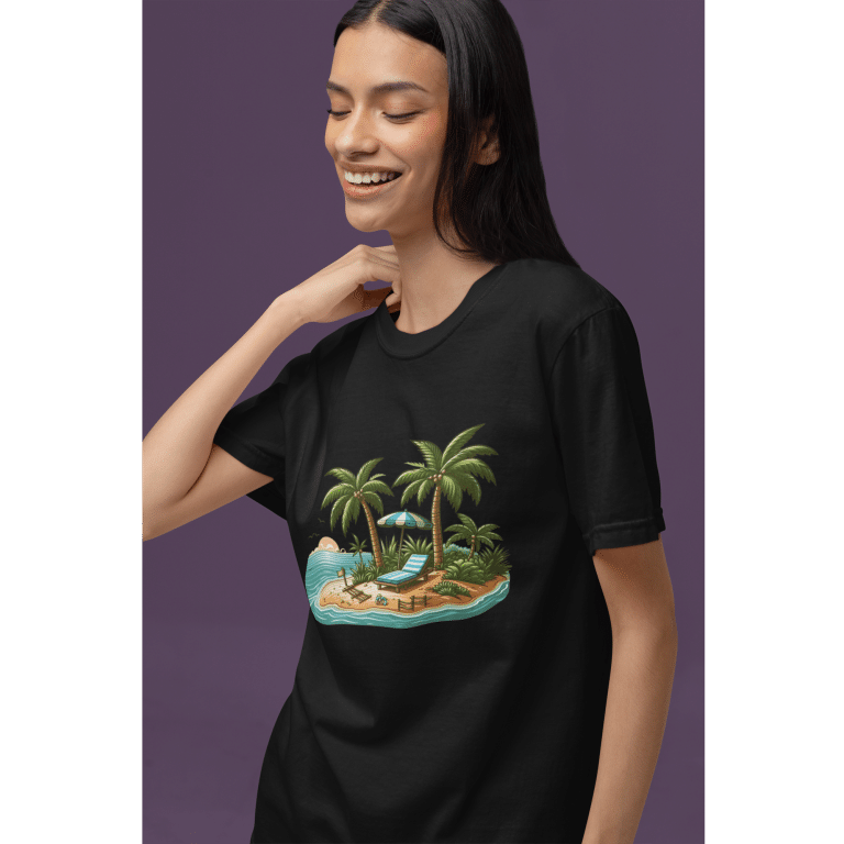 DryBlend T-Shirt with summer beach clipart, 50/50 cotton-polyester, moisture-wicking, modern classic fit, ribbed collar, durable taped seams.