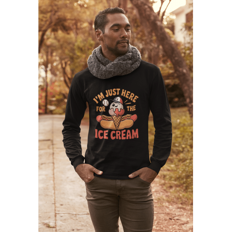 Unisex long sleeve tee, I'm Just Here For The Ice Cream, 100% airlume cotton, regular fit, crew neck, ice cream phrase.