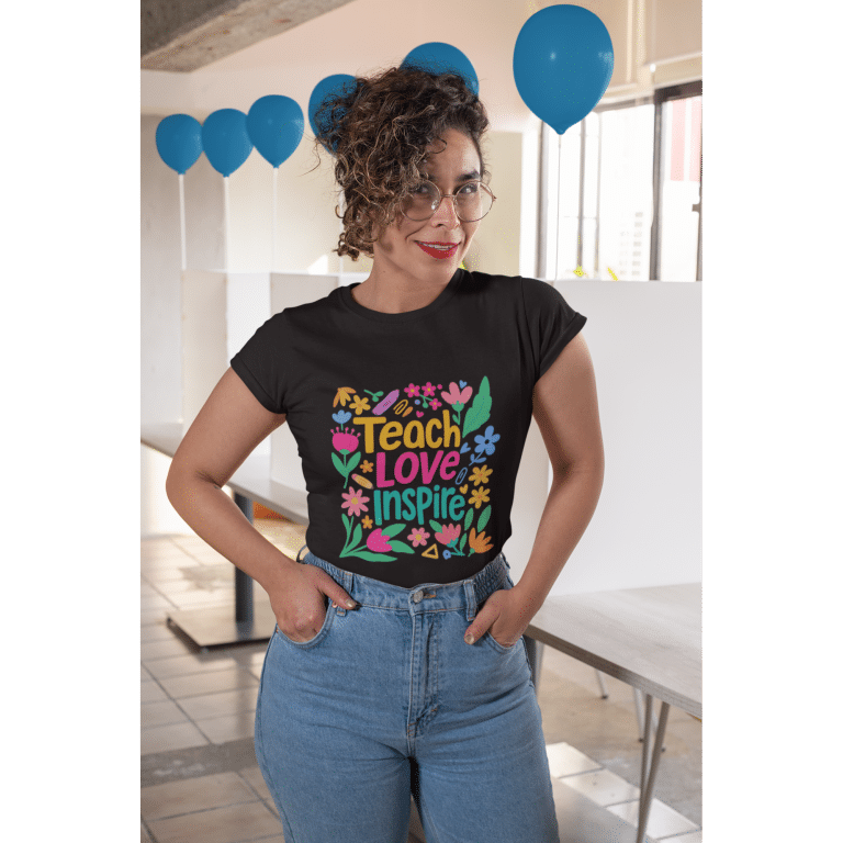 Unisex organic ribbed neck tee with "Teach Love Inspire" slogan, 100% organic cotton, regular fit.