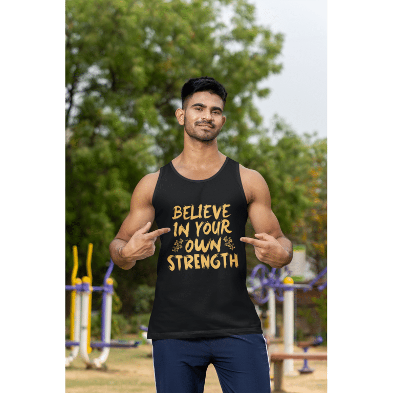 Muscle shirt in 100% airlume cotton, relaxed fit, wide armholes, empowering belief message.