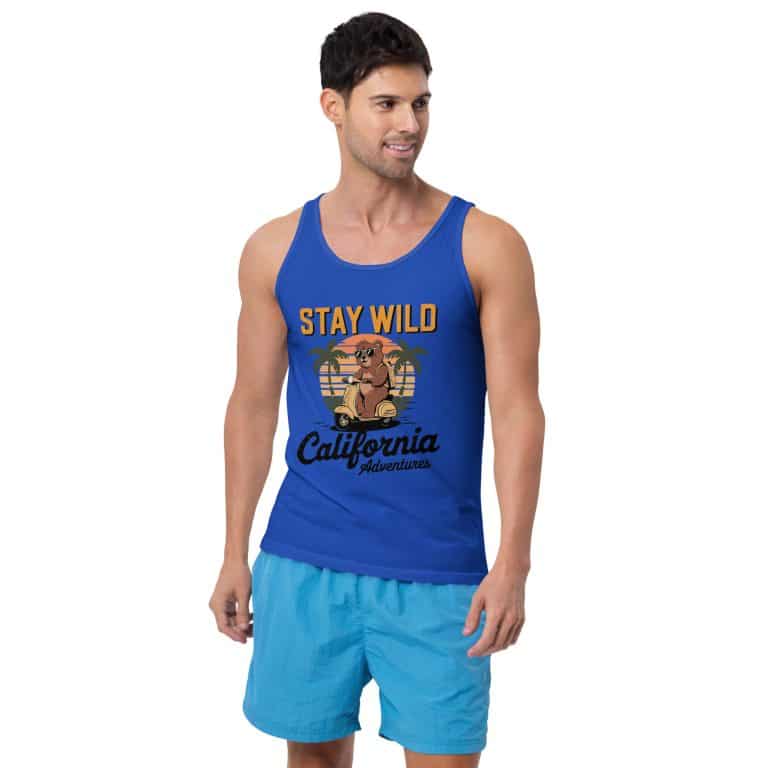 Men's blue Bella + Canvas tank top with bear sunset graphic, lightweight cotton, side-seamed.