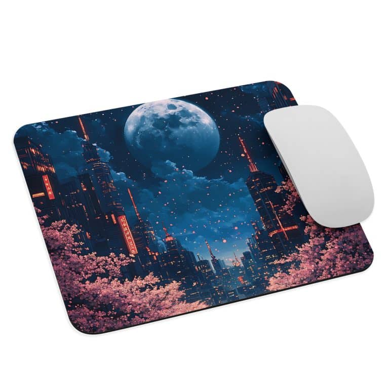 Futuristic city with cherry blossoms and moon art on a soft, non-slip polyester mouse pad