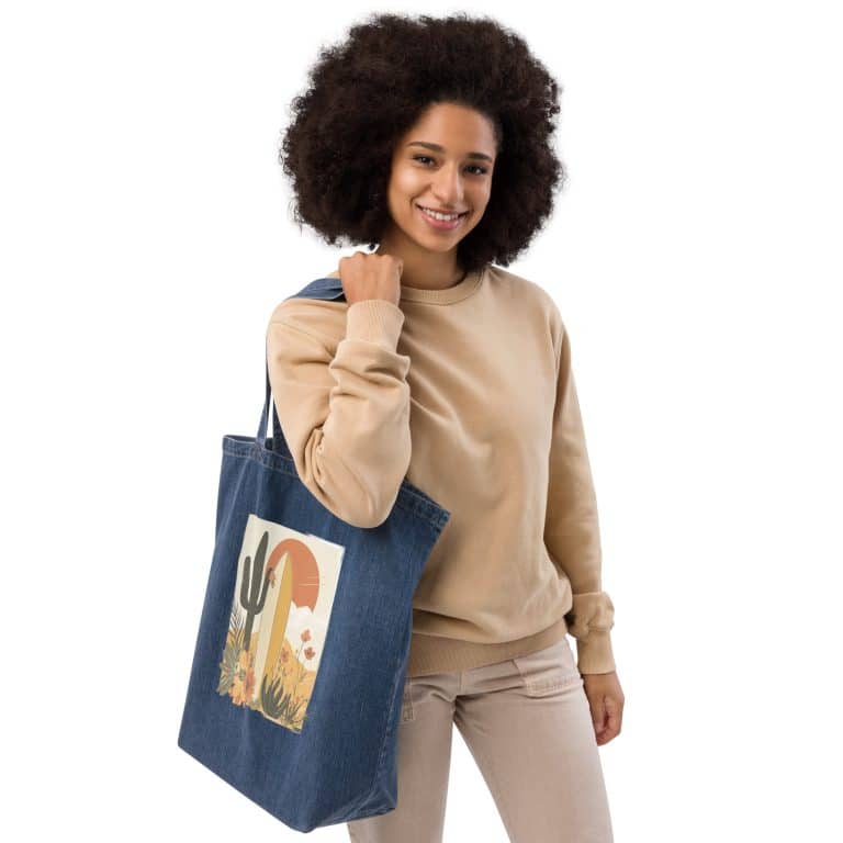 Hippie Summer Organic Denim Tote Bag - Blue, 100% Organic Cotton, Spacious Eco-Friendly Bag