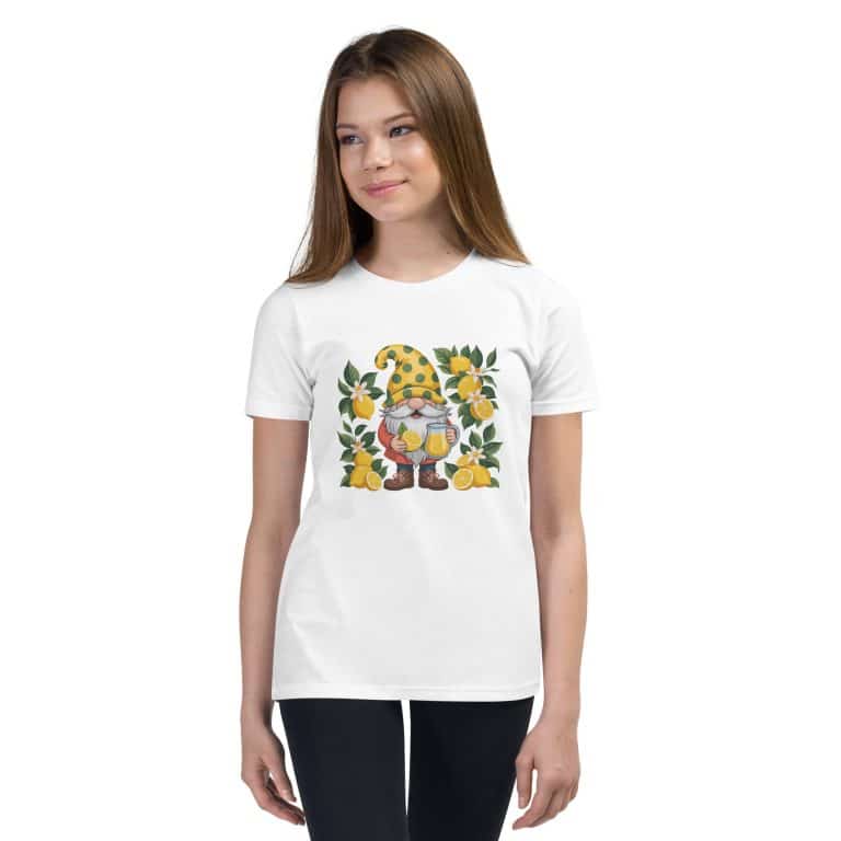 Youth short sleeve t-shirt with whimsical Lemon Gnome design, soft 100% cotton fabric, perfect for playful summer days.