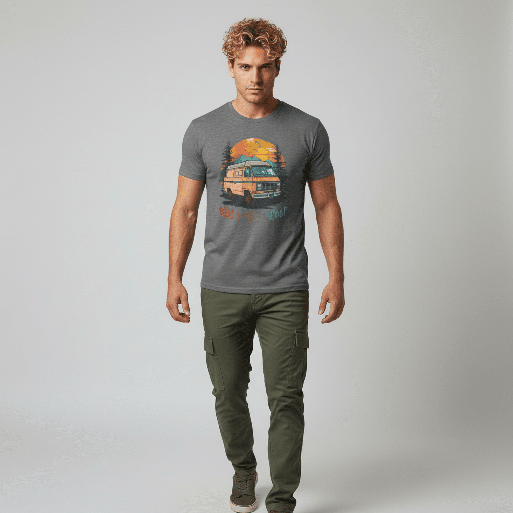 Unisex_classic_tee_-_Lets_Get_Lost_realmodel_20250919_151248 Gildan unisex classic tee with "Let's Get Lost" graphic, 100% cotton, lightweight, adventure style in white and heather colors
