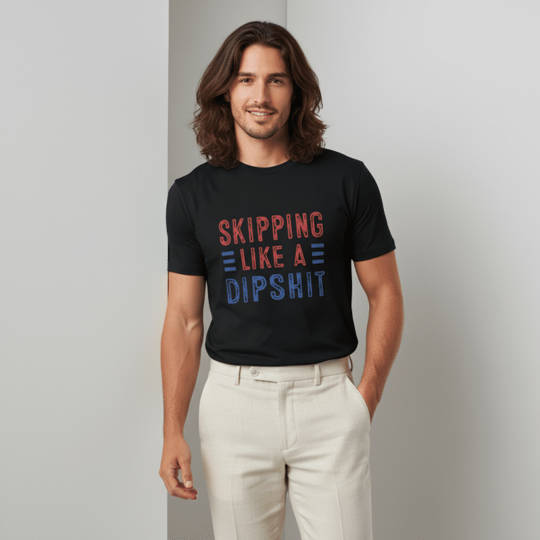 Unisex premium t-shirt with "Skipping Like A Dipshit" slogan, 100% combed cotton, regular fit, crew neck, pre-shrunk