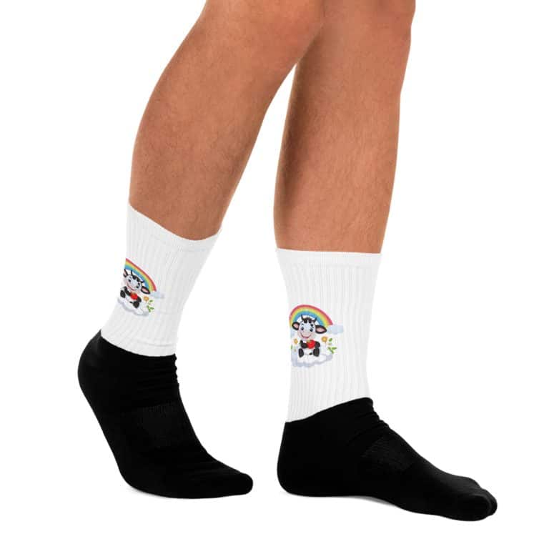 Blackcrew socks with watercolor cute cow and rainbow design, cushioned bottom, ribbed leg