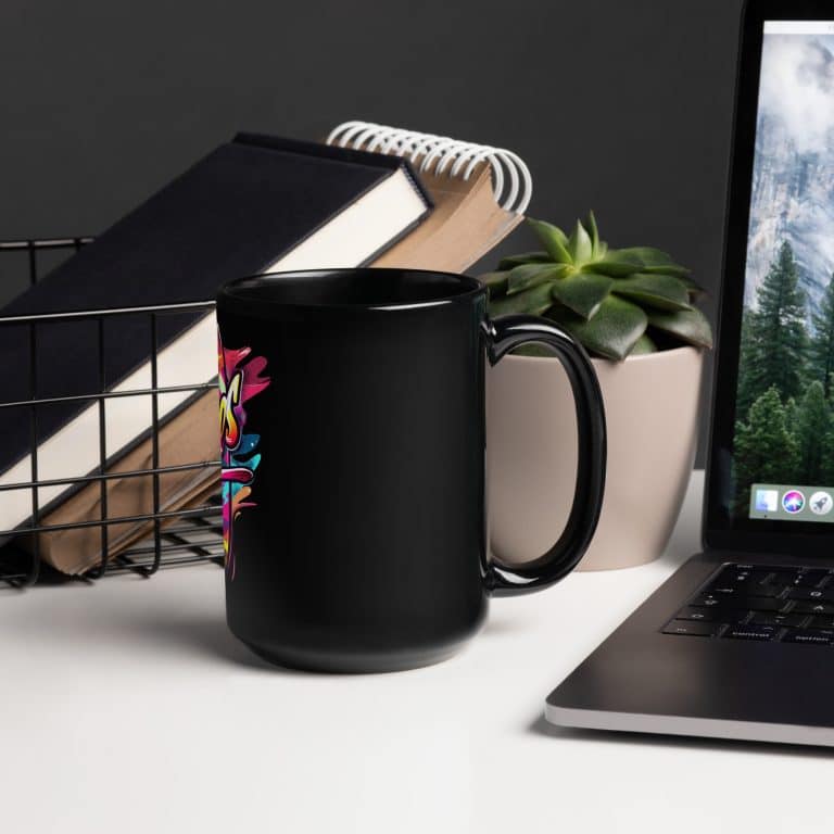 Black glossy ceramic mug with wave pattern, elegant drinkware for coffee or tea, 11oz and 15oz sizes.