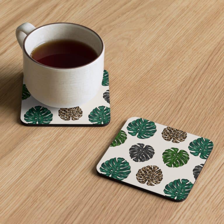 Vibrant Tropical Summer cork-back coaster with high-gloss top and non-slip cork backing, waterproof, heat-resistant, 3.74-inch square.